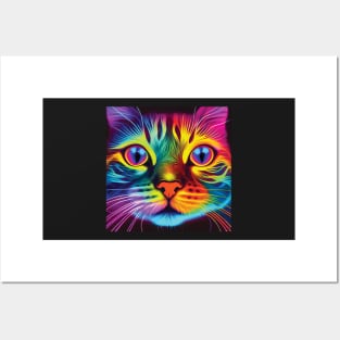 Neon Cat Print in Bold Pink, Yellow and Blue Posters and Art